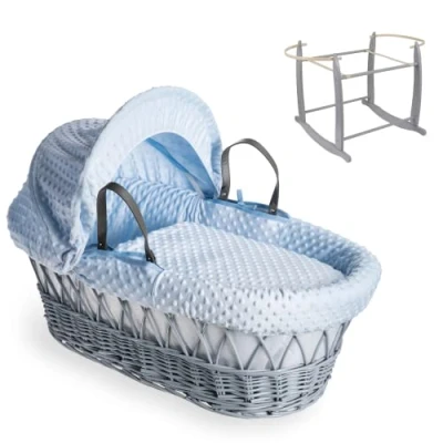 Image of Clair de Lune Dimple Grey Wicker Baby Moses Basket &amp; Deluxe Rocking Stand (Blue)
