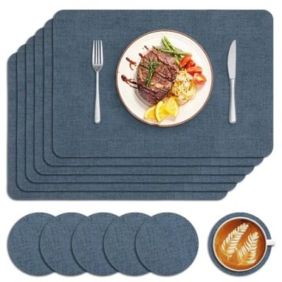 Image of Sarsumir Placemats, Placemats and Coaster Sets 6 Place Mats Coasters PU Leather Dining Table Washable Heat Resistant Non Slip for Home Restaurant Dinner Party, Navy Blue