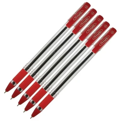 Image of CELL BALLPOINT Pens, RED, 0.5mm Fine Point, Pack of 5, FineGripX Ball Smooth Writing, Rubber Grip, FINERED05, Value Pack, ZOFAX Black Pen