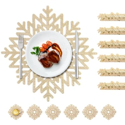 Image of Round Snowflake Placemats,12pcs PVC Gold Table Mat Set Heat Resistant Washable Placemat of 6pcs + Coasters for Home Kitchen holiday Decoration
