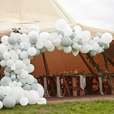 Image of Ginger Ray BA 358 Sage &amp; White Balloon Arch Garland Party Backdrop Kit, 70 ct with Fans