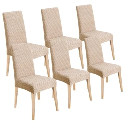 Image of LANSHENG Dining Chair Covers Set of 6, Stretch Protector Slipcovers Jacquard, Elastic Removable Washable Seat Cover for Room Kitchen Banquet Restaurant Home, Khaki