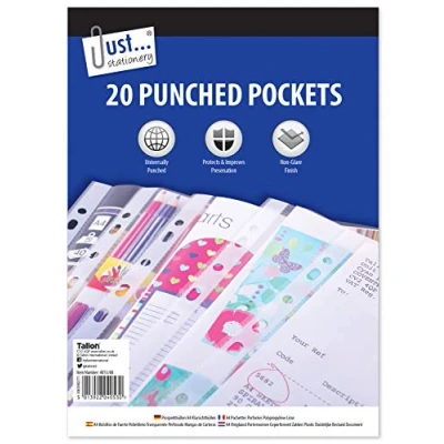 Image of Just Stationery 20 Clear Plastic Punched Pocket