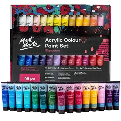 Image of MONT MARTE Acrylic Paint Set, 48 x 36ml, Semi Matte Finish, Colours, Suitable for Canvas, Wood, MDF, Leather, Air Dried Clay, Plaster, Cardboard, Paper and Crafts