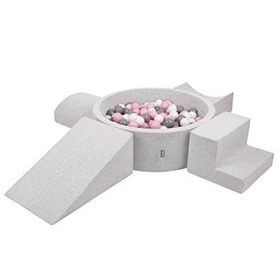 Image of KiddyMoon Foam Playground For Kids With Round Ballpit (300 Balls ∅ 7Cm/2.75In) Soft Obstacles Course And Ball Pool, Made In The EU, Lightgrey:White/Grey/Powderpink