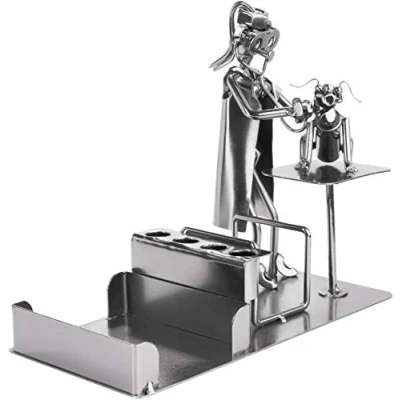 Image of BRUBAKER Screw Man Veterinarian with Pen Holder Handmade Iron Figure Metal Business Card and Compartment for Notes Dog Gift Idea Veterinarians