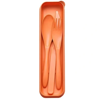 Image of Portable Cutlery Set with Case, Reusable Plastic Knife Fork Spoon Tableware Set, Travel Utensils for Camping Picnic Office School or Daily Use (Orange)