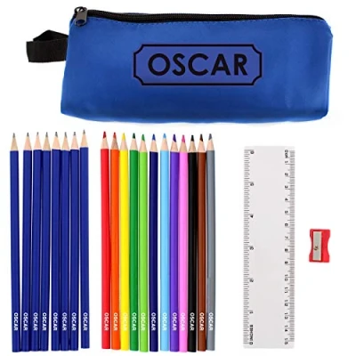 Image of Custom Personalised Blue Pencil Case with Coloured Pencils, HB Ruler and Sharpener. Back to School