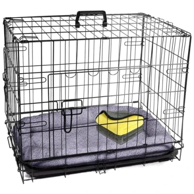 Image of Pretty Pooch Dog Crate Cage Puppy Cat Pet Training Carrier Metal Folding With Tray Double Door and Bed Two Cloths (Small 24 Inch)