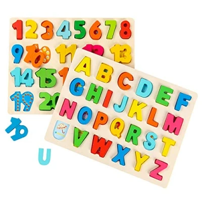 Image of wondertoys Wooden Alphabet Puzzles Set ABC Letter and Numbers Board for Girl Boy Learning Educational Toys