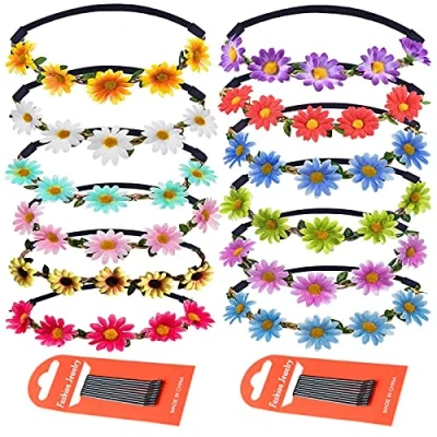 Image of VEGCOO Fashion 12 Pieces Flower Garland Headband Bohemia Floral Crown for Women Girl Hair Accessories Wedding Festival Party Multi Color (Daisy headband)
