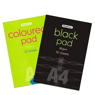 Image of Stephens A4 Pad Bundle, 1 x Coloured Pad, 20 Sheets and Black 50 for Sketching, Art Craft Supplies, Home, Back to School, Children, Presentation, Box, Messy Play