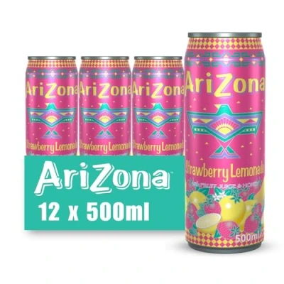 Image of Arizona Strawberry Lemonade Fruit Juice, Pack of 12 x 500ml Cans, Delicious Still Fruity Drink, No Artificial Flavours, Preservatives