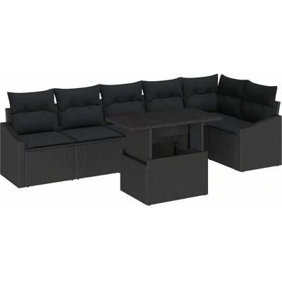 Image of vidaXL 7 Piece Garden Sofa Set with Cushions Black Poly Rattan