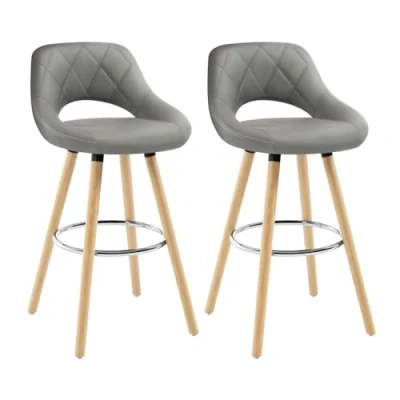 Image of WOLTU Breakfast Kitchen Counter Bar Stools Set of 2 pcs Faux Leather Seat Chairs Wood Legs Barstools Grey High