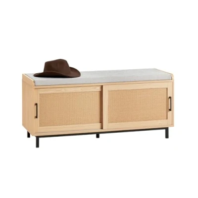 Image of SoBuy FSR154 N, Hallway Storage Bench Shoe Rack Cabinet with 2 Sliding Doors and Seat Cushion, W110 x D40 H49cm