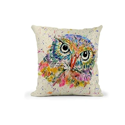 Image of Vixar Owl Watercolour Rainbow Art Linnen Cushion With filling or cover only, 40x40cm, gift, christmas, Birthday (Cover Only)