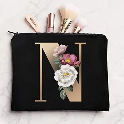 Image of 26 Letter Printed Zip Canvas Pouch Makeup Bag Make Up Bag, Cosmetic Travel Bag,Toiletry Bag,Organizer Bags,Toiletry Bags, Bride Bridesmaid Bag,Pencil Bag,Wash Bag,Coin Purse (Gold N)