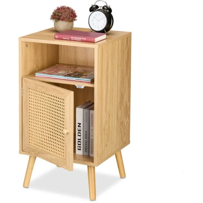 Image of Relaxdays Bedside Table, Rattan Door, Wood Effect, 72x40x39 cm, Open Shelf, Bedroom Nightstand, Side Cabinet, Natural, Fibreboard, Bamboo, Plastic