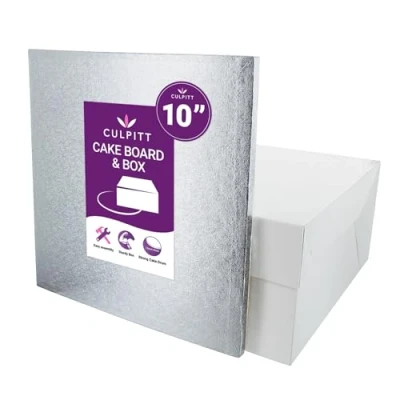 Image of Culpitt 10&quot; Square Silver Cake Drum Board &amp; White Box Combo, 10 Inch and Matching Set For Transport
