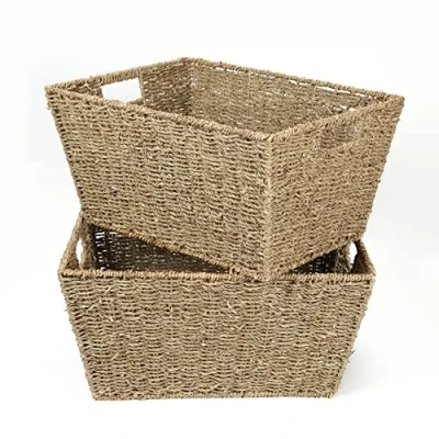 Image of Woodluv Seagrass Storage Baskets, Set of 2 Floor Basket/Hamper Basket, Bathroom Baskets for Shelves Natural Wicker w/Handles Bedroom Home