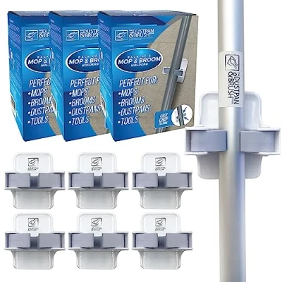 Image of Mop &amp; Broom Holder Wall Mounted Gripper Brush Hanger Self Adhesive Perfect to Use on Cupboards, Bathroom, Sheds and Garage (Pack of 3 (6 Holders))