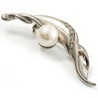 Image of Avalaya Silver Tone Imitation Pearl Leaf Brooch