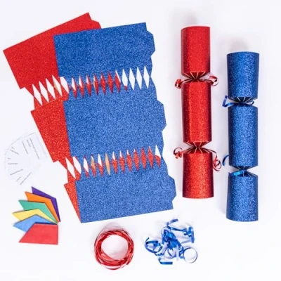 Image of evelay 12 Make Your Own Christmas Cracker Kit DIY Navy &amp; Red Glitter Crackers Hats Snaps Jokes (Navy, Red)