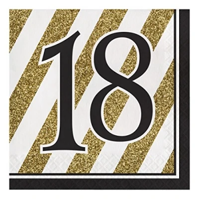 Image of Creative Converting Black and Gold Number 18 Paper Luncheon Napkins,13&quot; 16 Pcs, Happy Birthday