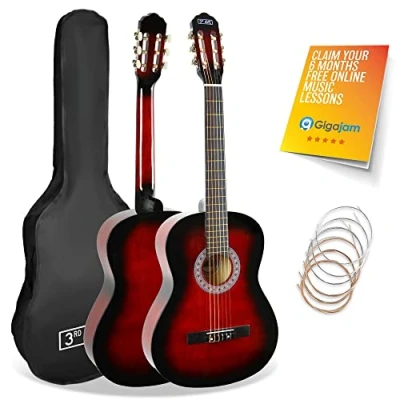 Image of 3rd Avenue Full Size 4/4 Classical Guitar Spanish Nylon String Beginner Pack Bundle 6 Months FREE Lessons, Bag, Strings Red