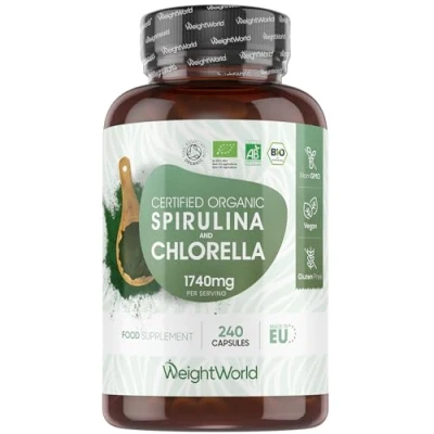 Image of Organic Spirulina and Chlorella Capsules 2250mg Per 3 Powder 180 Vegan Superfood Soil Association Certified Alkaline Supplement Made in The EU