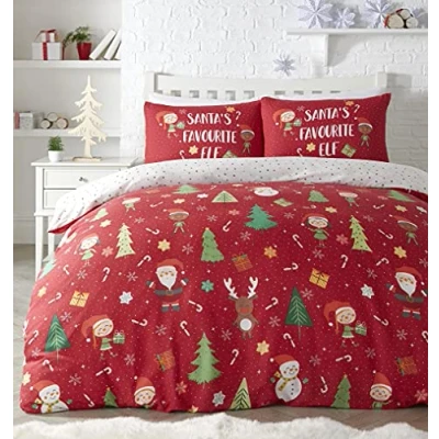 Image of Bedlam Elf &amp; Santa Easy Care Duvet Cover Set, Polycotton, Multicolour, Double