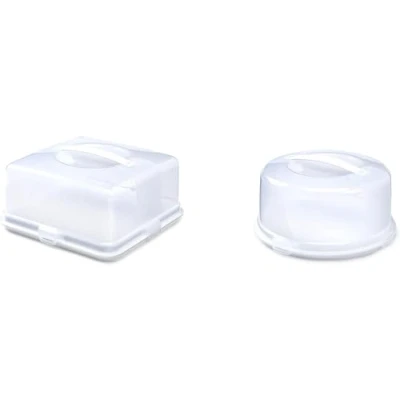 Image of Airtight BPA free Plastic Reusable Storage Cake Box Portable Takeaway Food Container with Lid Carrier Handle Lockable Cover Multipack (Plastic, Round + Square Pack)