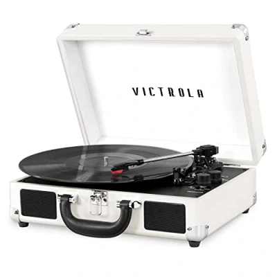 Image of Victrola Vintage 3 Speed Bluetooth Portable Suitcase Record Player with Built in Speakers Upgraded Turntable Audio SoundWhite/Silver, Model Number: VSC 550BT WHT EA