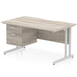 Image of Impulse 1400 x 800mm Scalloped Edge Office Desk Grey Oak Top Silver Cantilever Leg Workstation 1 2 Drawer Fixed Pedestal