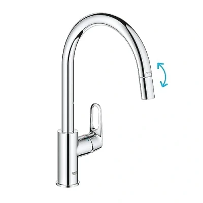 Image of GROHE Start Flow QuickFix 1 Lever Kitchen Sink Mixer Tap with Pull Out Function (High C spout, 360 Swivel Area, 28 mm Ceramic Cartridge, Tails 1/2 Inch, High Pressure), Size 357mm, Chrome, 30570000
