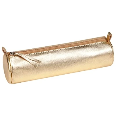 Image of Clairefontaine Ref 8692C Cuirisé&#039; Leather Round Pencil Case 22cm x 5.5cm, Made From Genuine Lambskin Leather, Metal Zip With Puller Gold