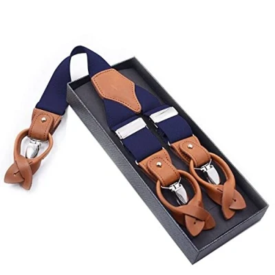 Image of PONERY Mens Braces Y Shape For Trousers Vintage Leather Suspenders Men 6 Button Pants Strap 125Cm Wedding Party,Navy