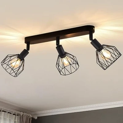 Image of ANWIO Spot Light Fittings Ceilings,Kitchen Lights Ceiling with E14 Base Metal Wire Cage,Adjustable Black 3 Way Spotlights Light,Industrial Wall Lights,Ceiling for Living Room