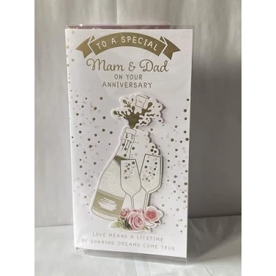 Image of To A Special Mam &amp; Dad On Your Anniversary Wedding Card White/Gold Champagne/Flutes/Spots/Pink Roses 3D/Glitter/Foil Detail(PRELUDE48305)