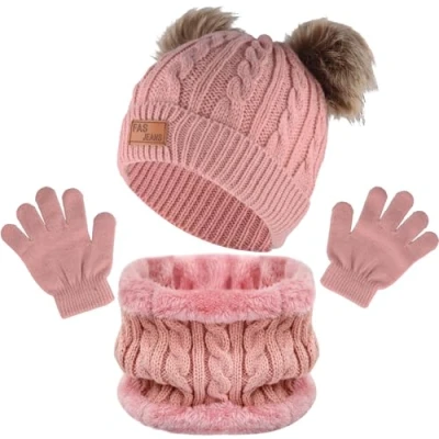 Image of volumoon Kids Beanie Hat Scarf Gloves Set, Thermal Knit and Winter Thick Warm Accessories Sets with Double Layer Fleece Lining for Boys Girls Toddlers Outdoor Sports (Pink)