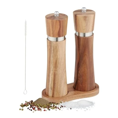 Image of Relaxdays Salt and Spice Mill, Set of 2, Manual, Ceramic Grinder, with Stand, Acacia &amp; Stainless Steel, Brown/Silver