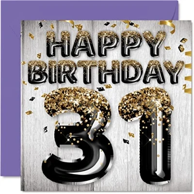 Image of 31st Birthday Card for Men Black &amp; Gold Glitter Balloons Happy Cards 31 Year Old Man Friend Brother Dad Uncle, 145mm x Thirty One First Bday Greeting Gift
