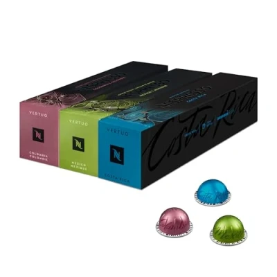 Image of Nespresso Vertuo Coffee Pods, 30 Mixed Pack Master Origins 10 X Mexico, Colombia, Costa Rica. Make Espressos, Cappuccino, Lattes and Iced at home. Recyclable Pods