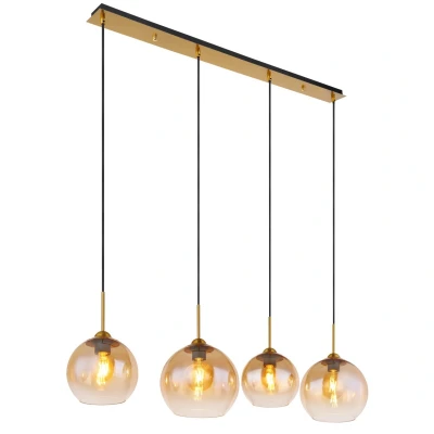 Image of Jamessa Bar Pendant Ceiling Light Brass Coloured Matt Amber Glass Shade 4x E27