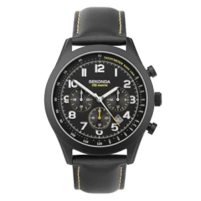 Image of Sekonda Navigator Mens 44mm Quartz Watch in Black with Analogue Date Display, and Leather Strap 30112