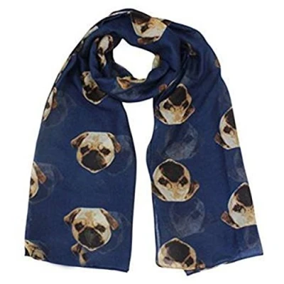 Image of World of Shawls Pug Dog, Dachshund Dogs, Spaniel Dog Print Scarf All Seasons Lovely Soft Wraps Shawl Scarves (Pug Navy Blue)