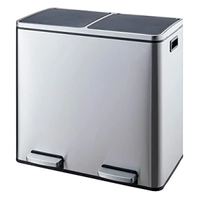 Image of EVRE 60 L Kitchen Waste Rubbish Recycling Soft Close Bin 2 x 30 Litre Double Compartment Separation with Removable Plastic Buckets, Odour Seal, Smudge &amp; Fingerprint Resistant (Silver)
