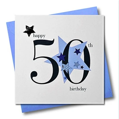 Image of Claire Giles Hearts and Stars Happy 50th Birthday Card Blue