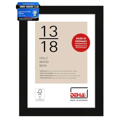 Image of DEHA Design Fontana Photo Frame 5x7, 13x18cm Wooden Picture Frame, Black with Protective Acrylic Glazing and Push Turn Clips